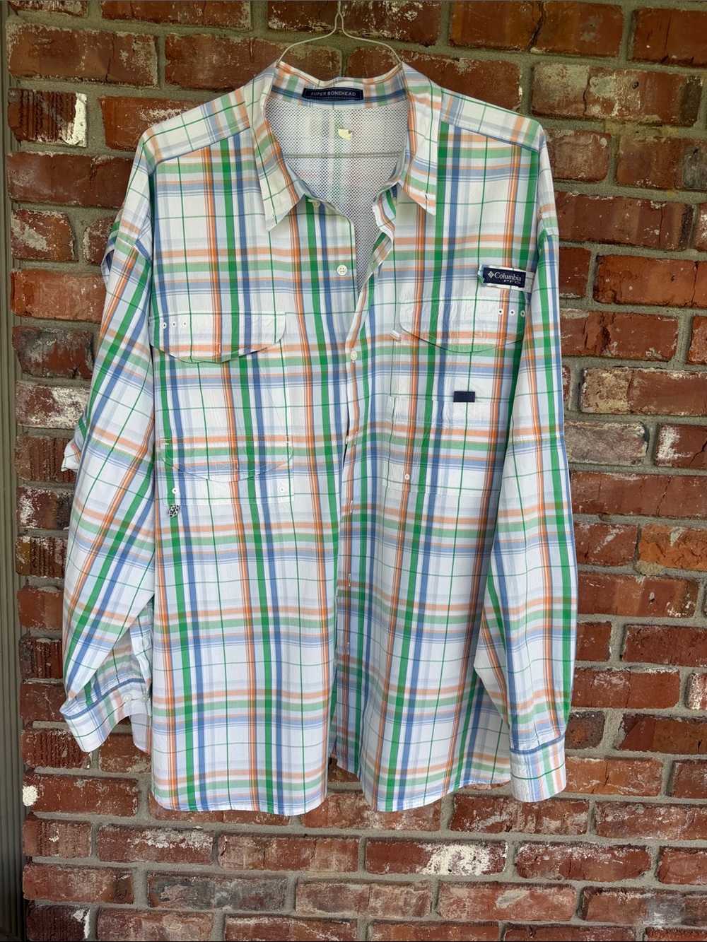 Columbia White with Green & Orange Stripes Plaid Fishing Shirt Size 3 XLT